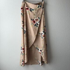 Woman’s Large Wrap Maxi Skirt Beige Floral Beachy Coastal Vacation